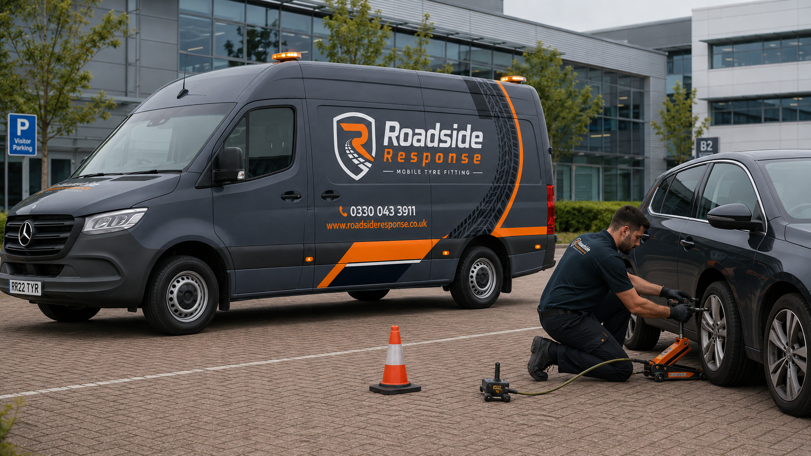 Roadside Response van providing tyre fitting support for a business customer at a workplace car park