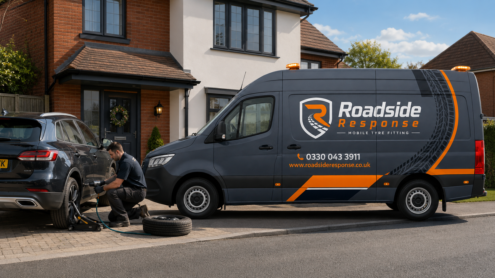 Roadside Response mobile tyre fitting van parked outside a home while an engineer changes a tyre on a driveway