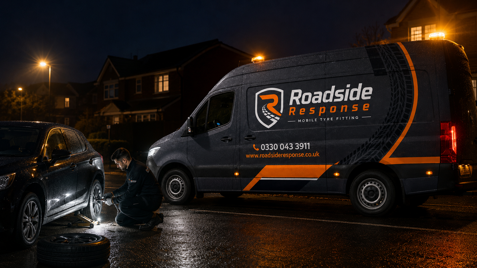 Roadside Response emergency van attending a late-night tyre callout on a residential street